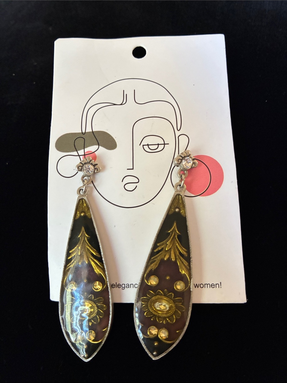 Hand-Painted Teardrop Floral Dangle Earrings - Black & Gold